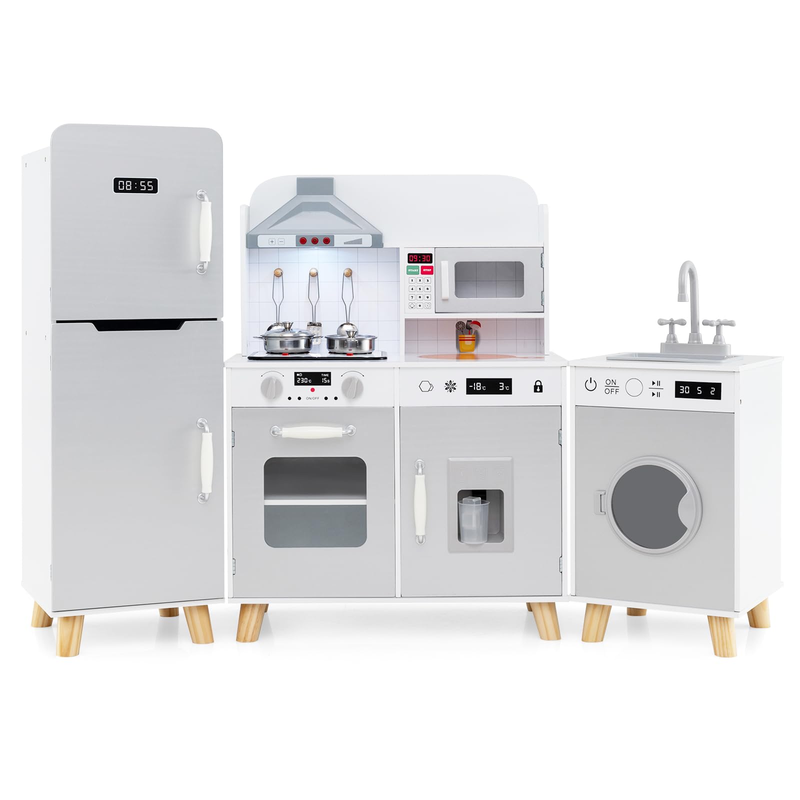 COSTWAY Kuchnia dziecięca z akcesoriami, 3 w 1, drewniana kuchnia z lodówką, pralką i kuchenką mikrofalową, w zestawie kuchenka, zlewozmywak, kuchnia do zabawy z oświetleniem i dźwiękiem dla dzieci od