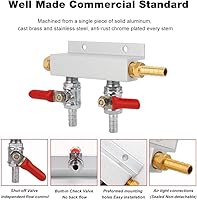 Vista 4 de FERRODAY Colector de gas de 2 vías, 5/16 pulgadas, válvulas de retención integradas de púas, distribuidor de CO2, apagado independiente