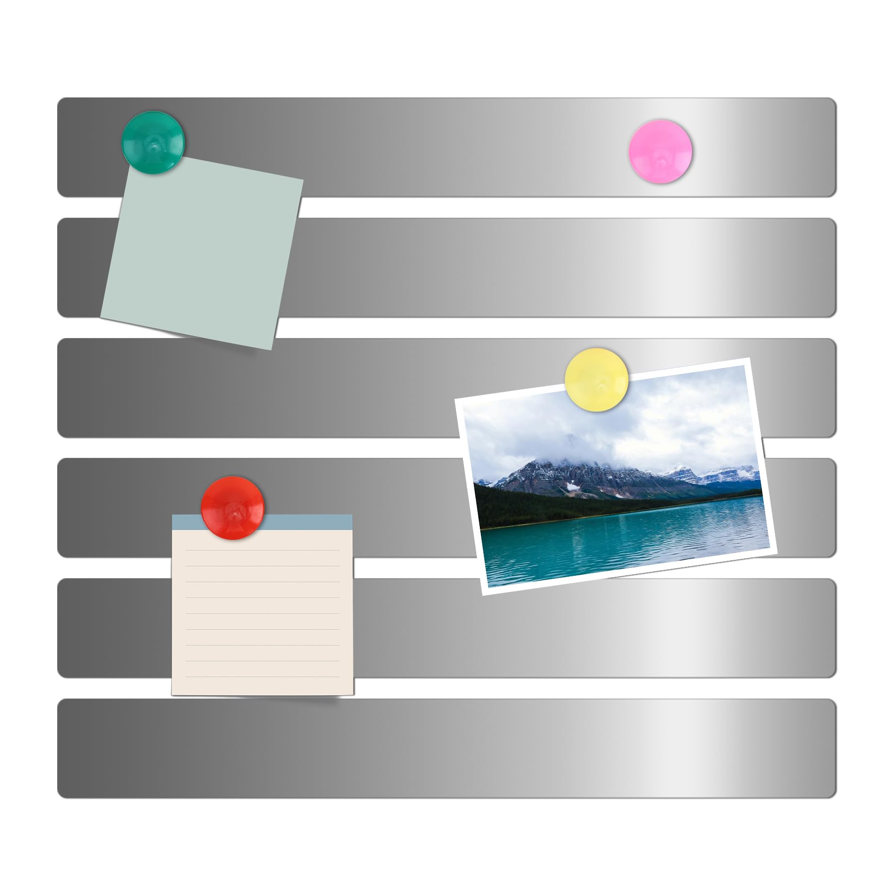 Taaizau 6Pcs 15''L x 1.97''W Frameless Magnetic Bulletin Strip with 48pcs Magnets, Self Adhesive Backing Stainless Iron Bar Memo Board for School,