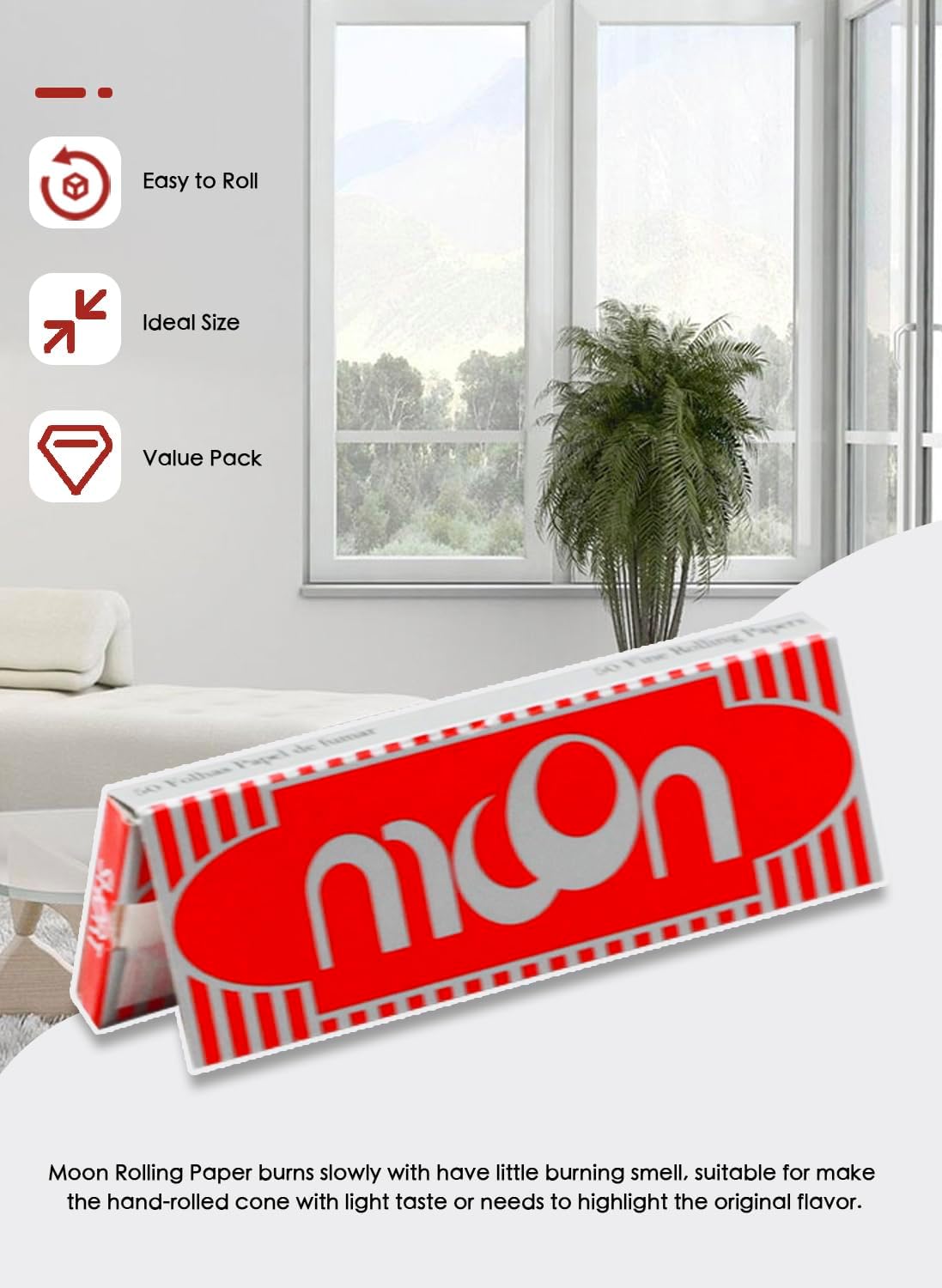 MOON Cigarette Tobacco Rolling Paper,Regular Short Size 70 * 36mm Wood Rolling Paper,3x50 Booklets,7500 Leaves Total,Classic Red