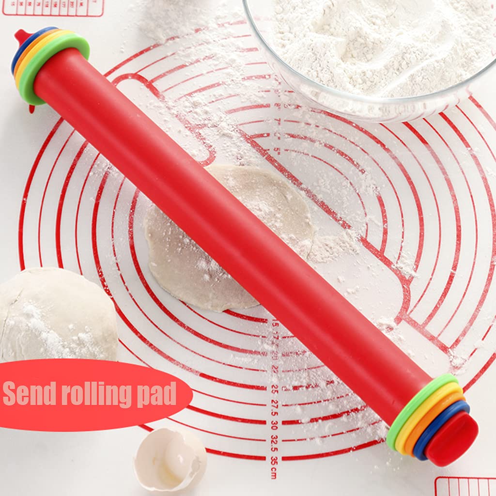 Rodillo De Silicona Ajustable con Anillos De Grosor, para Hornear, Pastelería, Galletas, Pizza, Rodillo De Masa De Acero Inoxidable Estilo Francés 44 * 4 Cm