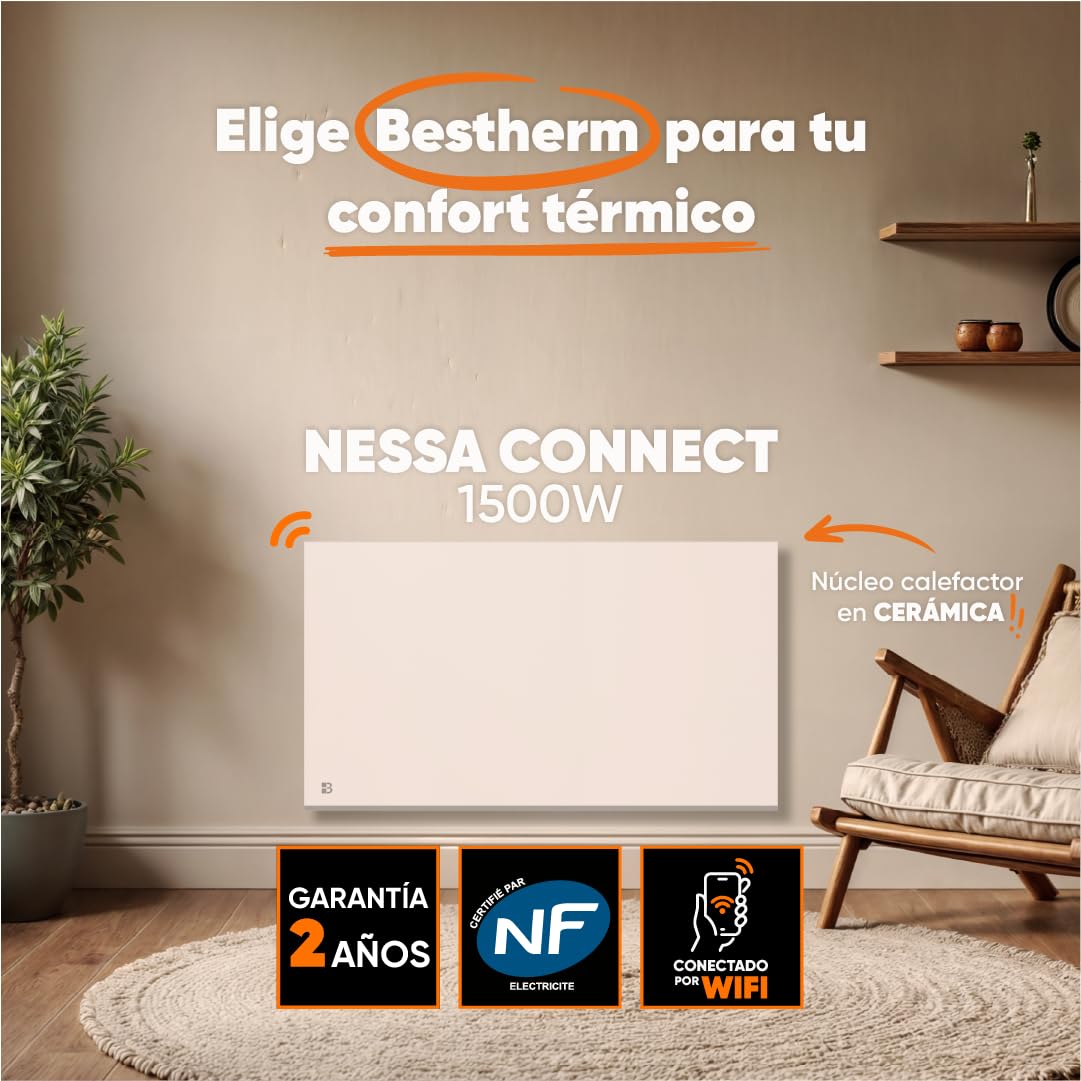 BESTHERM Bestherm NESSA Connect - Calefactor Eléctrico Inercia Seca Cerámica, 1500 W, Horizontal, Blanco
