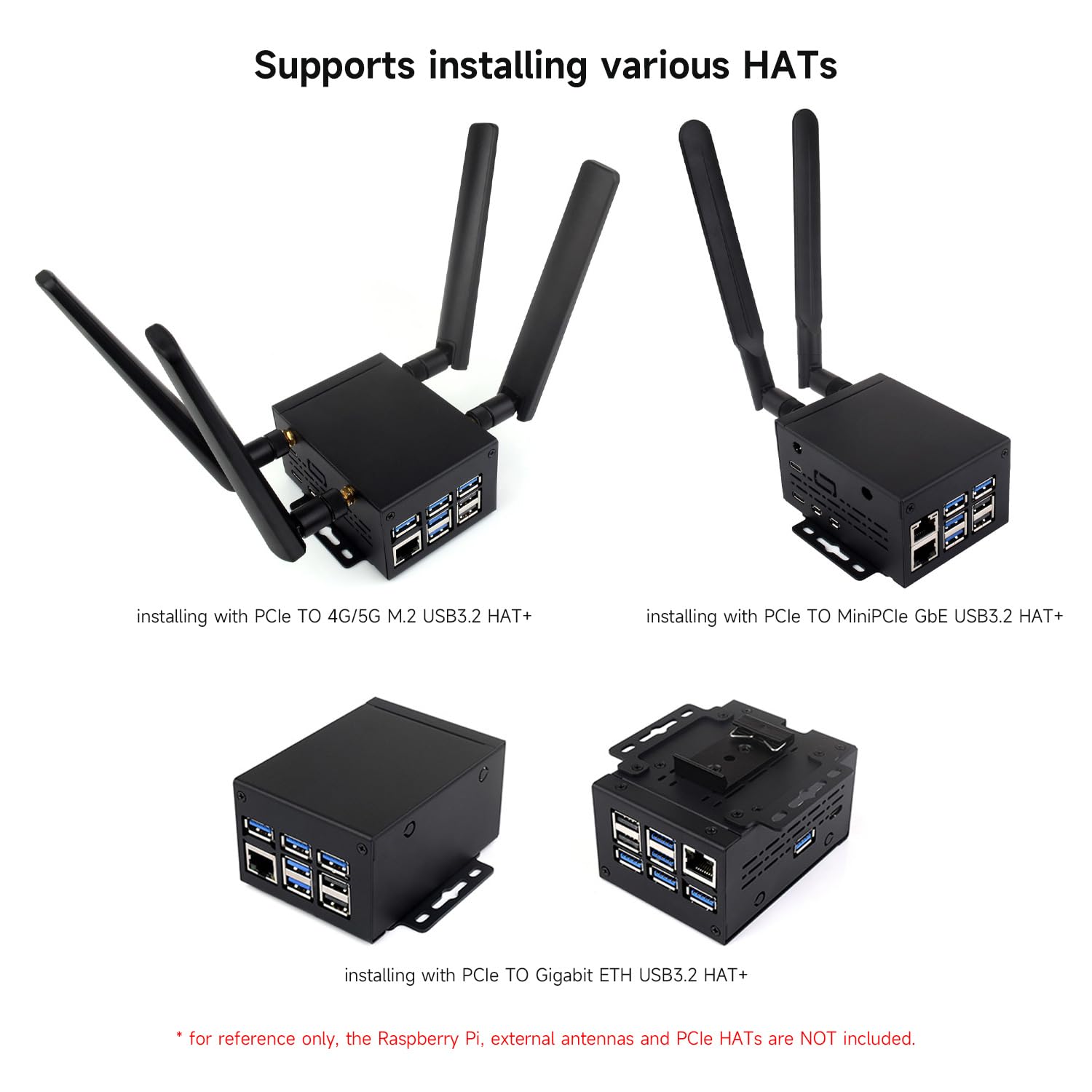 Waveshare Industrial Grade Metal Case (D) for Raspberry Pi 5, Larger Internal Space, Supports Installing Official Cooling Fan and Various Hats, Wall-Mount and Rail-Mount Support