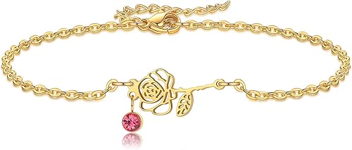 Pulseras de Flores de Nacimiento, Chapadas en Oro de 14K, Pulseras con Dijes de Piedras Natales Florales del Mes de Nacimiento, Joyería de Flores