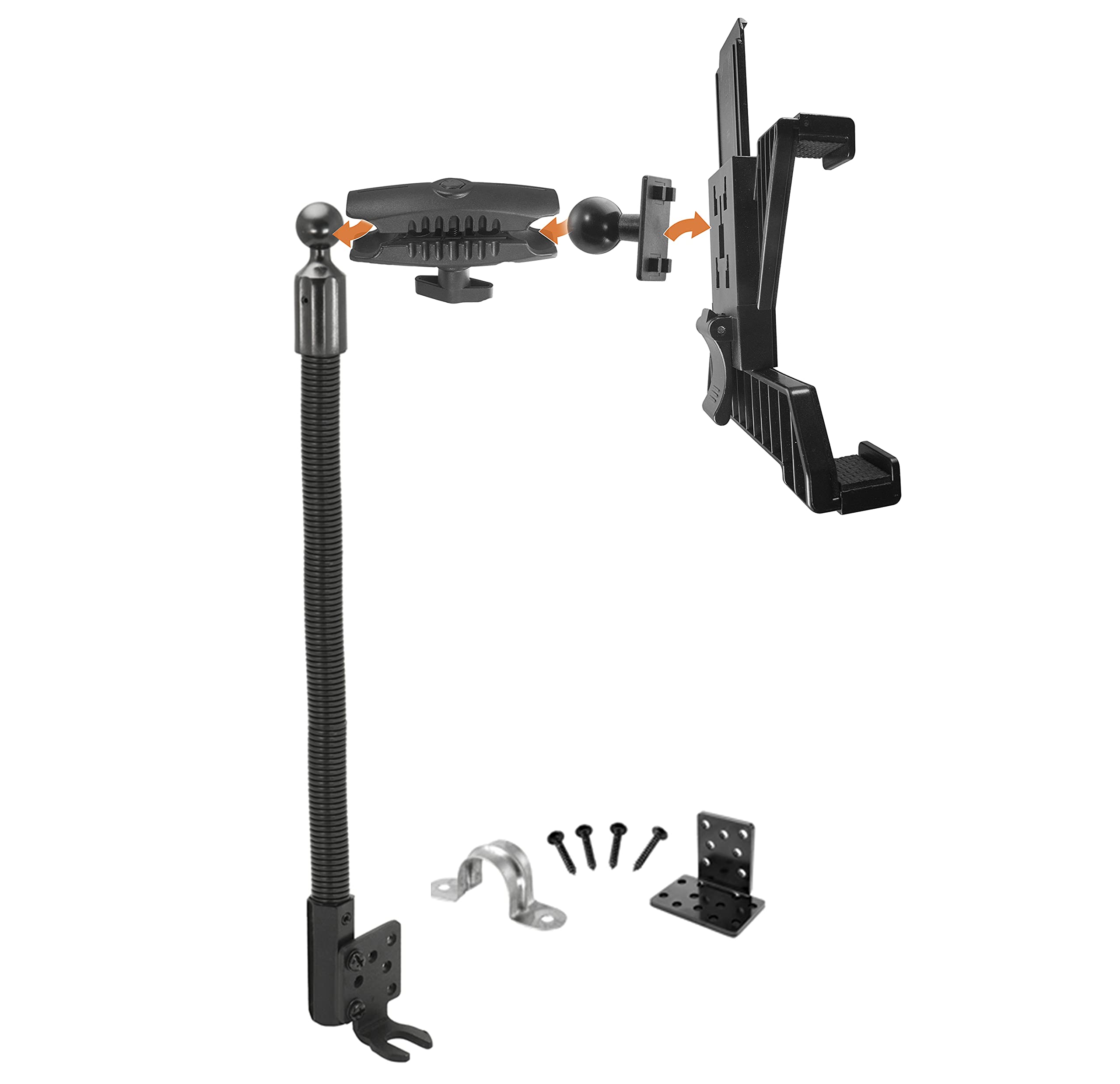 iBOLT Custom Metal Industry Standard Seat Rail Gooseneck Mount - Featuring Our Heavy Duty 25mm / 1 inch/B Size Dual Socket Ball Mount- for Phones, Tablets, Barcode scanners, Vesa 75/100, etc