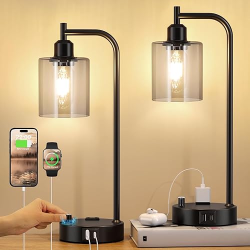 Miniatura 2 de Juego de 2 lámparas industriales de escritorio para oficina, lámparas de noche totalmente regulables con puertos USB A C y tomacorriente, lámparas