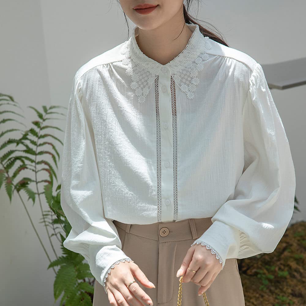 MIDJ Damenhemden,Elegante Damen Spitze Tops Shirt Weiß Satin Tunika Shirt Puff Langarm Chiffon Bluse Shirt Sommerjacke Casual Office Business Bluse Für Mädchen Damen