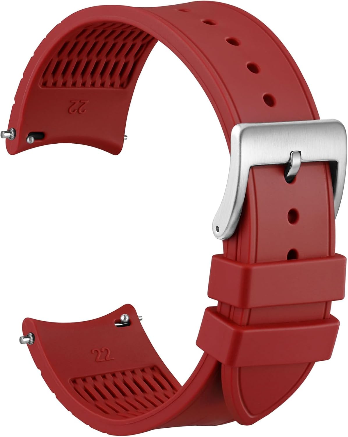 WOCCI 22mm Watch Band, Curved End, Silky Touch Silicone, Silver Buckle (Red)