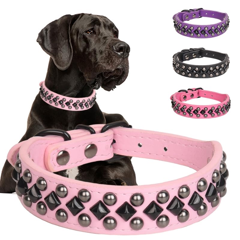 Spiked Studded Dog Collar Soft PU Leather Spike Dog Collar Adjustable Pet Collars for Small Medium Large Dogs (Pink, M)