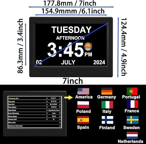 Miniatura 3 de Reloj despertador con día y fecha para ancianos, calendario digital de 7 pulgadas, marco de fotos, pantalla regulable automáticamente, 15 opciones