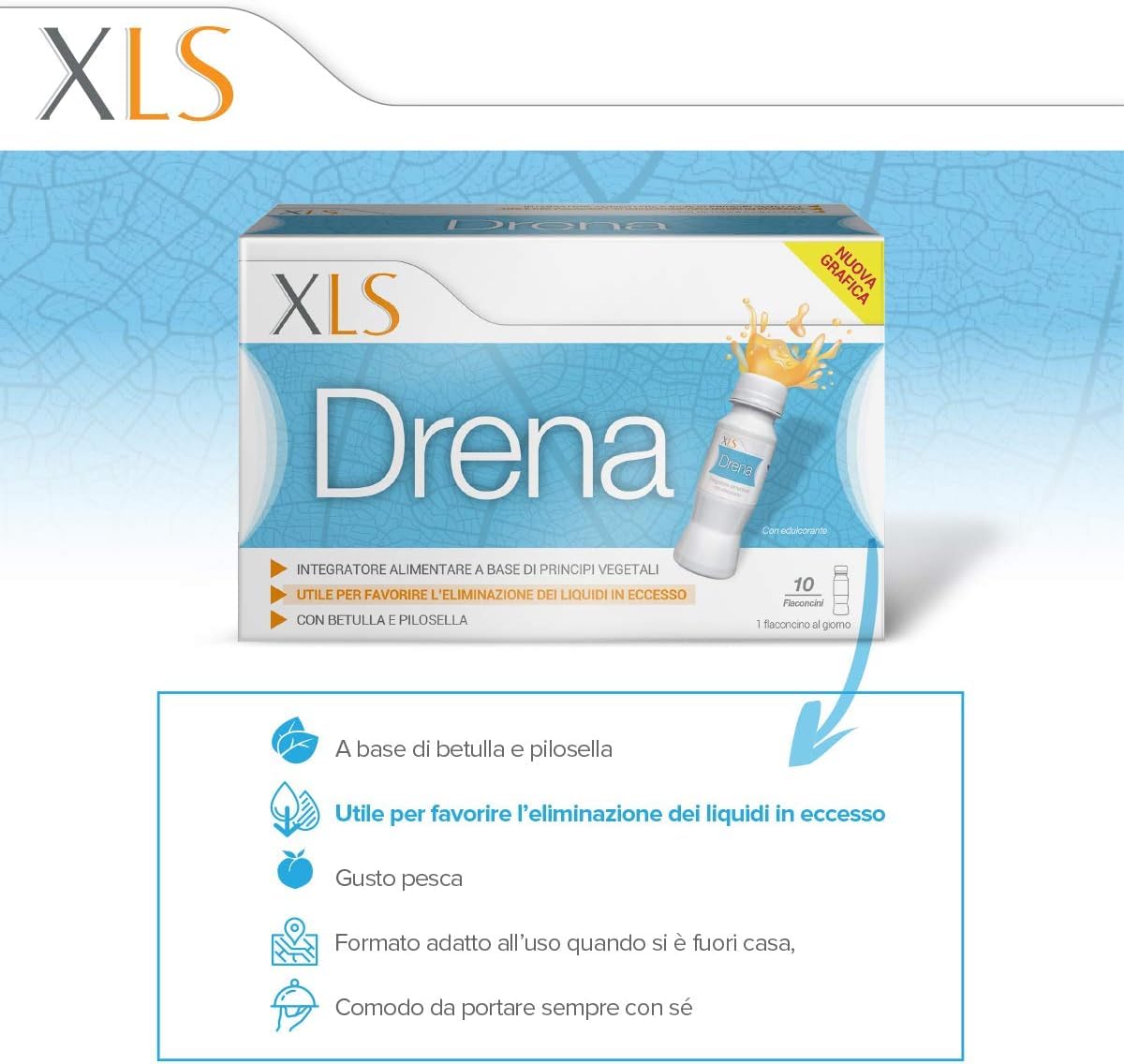 XLS Drena Integratore Alimentare Drenante per Donne, Confezione da 10 Flaconcini, 10 Unità (Confezione da 1)