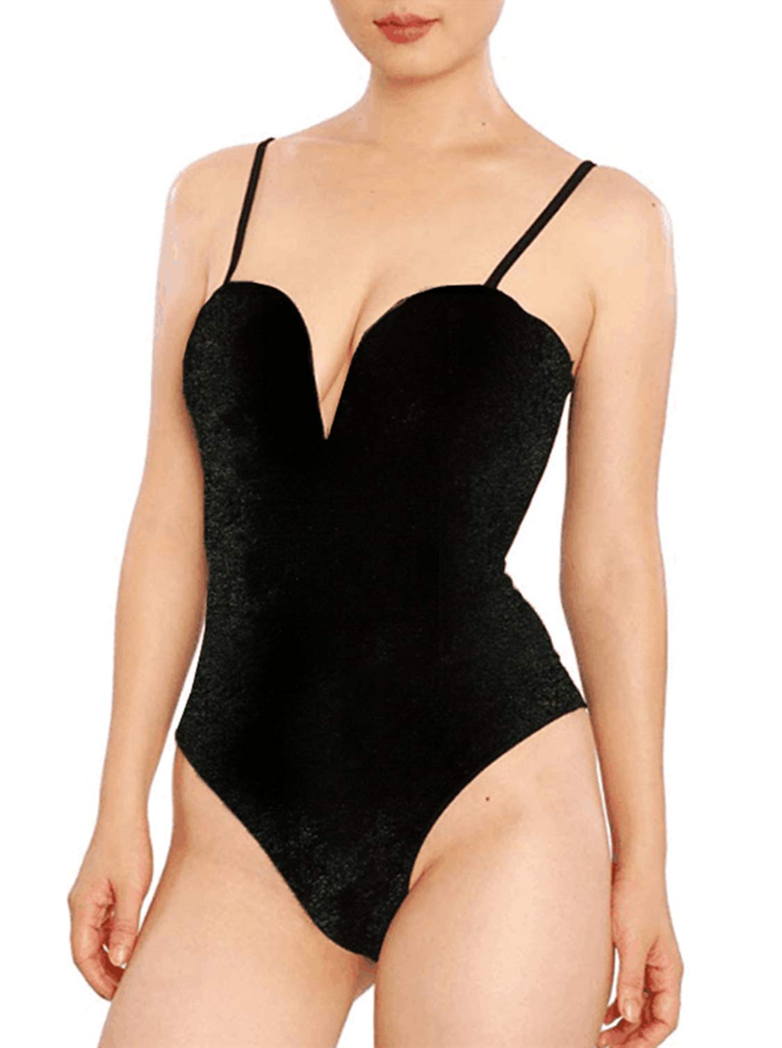 Women Burgundy Bandeau Back Lace up Velvet Bodysuit-image-38