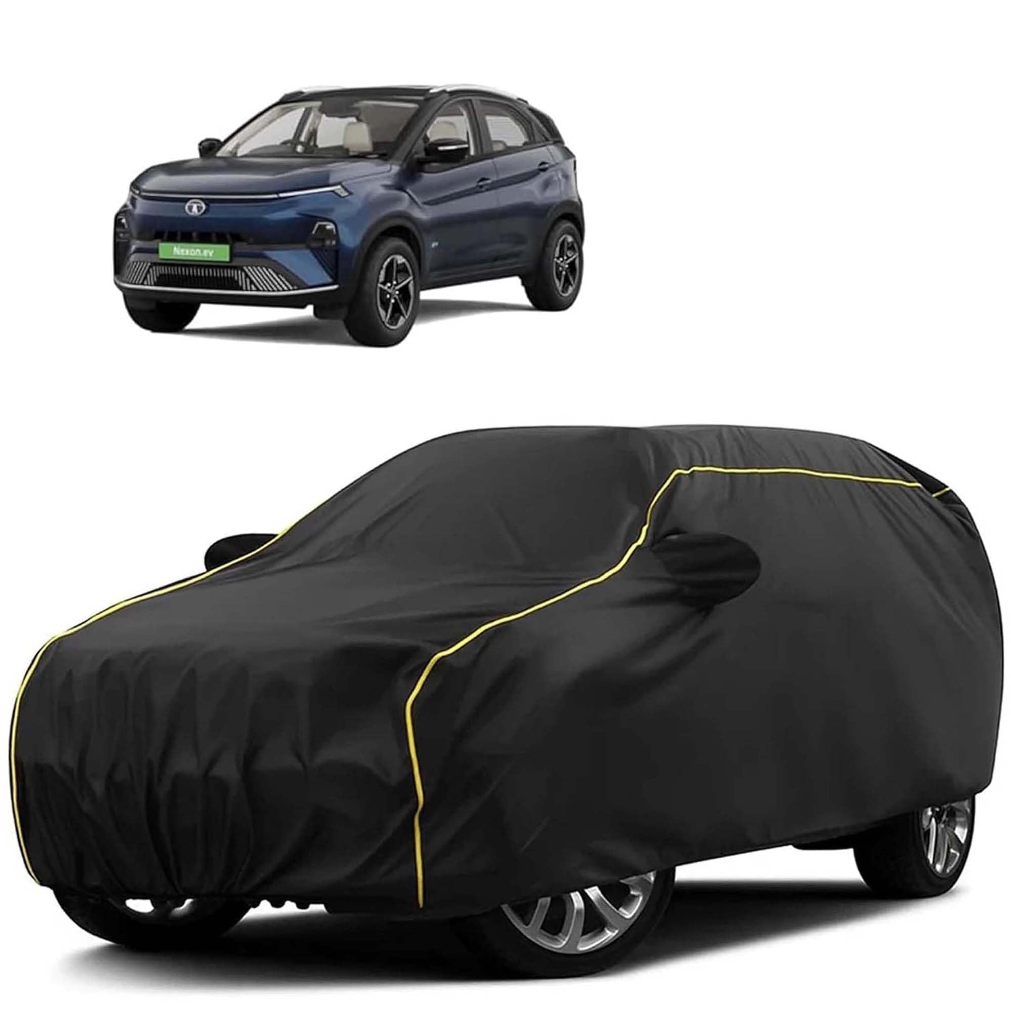 Sulfar 100% Water Resistant Car Body Cover Compatible with Mirror for Tata Nexon EV (Triple Stitched, Full Bottom Elastic, Black Tafetta with Yellow Piping)-image-38