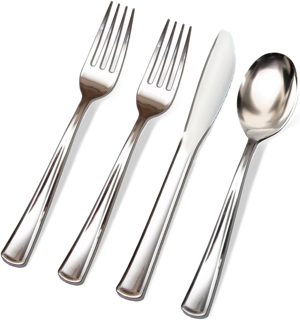 200 Silver Plastic Cutlery Premium Quality Fancy Disposable Silverware Polished, 100 Forks, 50 Knives, 50 Spoons - Heavy Duty Flatware Utensils for Parties, Weddings, and Catering (Silver)