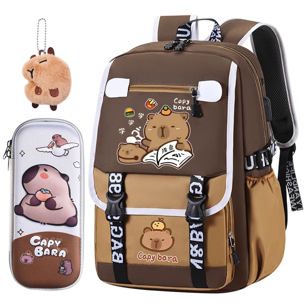Wfkkmeq Brown Capybara Backpack For Children's, Capybara School Bag With Stationery Set Pencil Case Ornaments Badges Cards Adjustable Rucksack Cartoon Toddler Backpack School Daypack For Kids