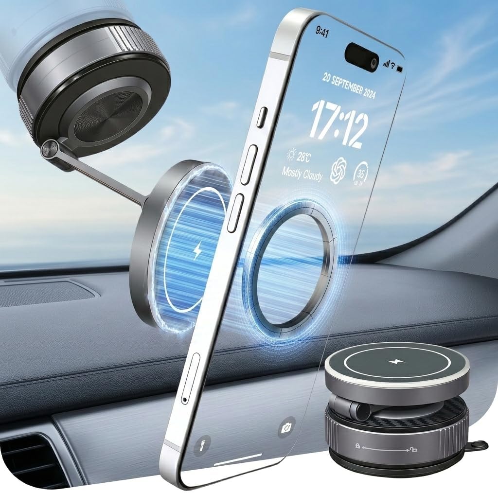 Car Phone Holder,Cell Phone Automobile Chargers (15W Wireless),Magsafe Suction Cup Phone Mount,Universal 360 Dashboard Holder for Winshield & Center Console,Foldable Car Gadgets for iPhone & Android