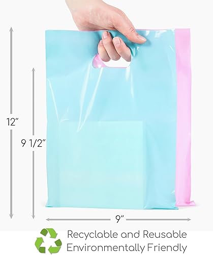 Miniatura 4 de Choice Marts-200 bolsas de plástico 100 bolsas color rosa pastel y 100 bolsas color azul pastel, 1.5 mil de grosor, 9 x 12 pulg, bolsas con asas