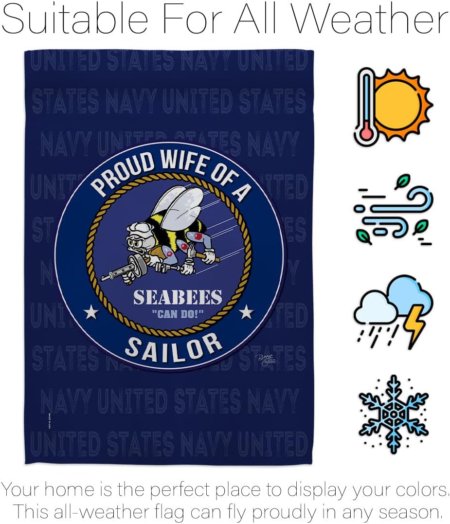 Breeze Decor Proud Wife Sailor Garden Flag Armed Forces Navy USN Seabee United State American Military Veteran Retire Official House Banner Small Yard Gift Double-Sided, Made in USA