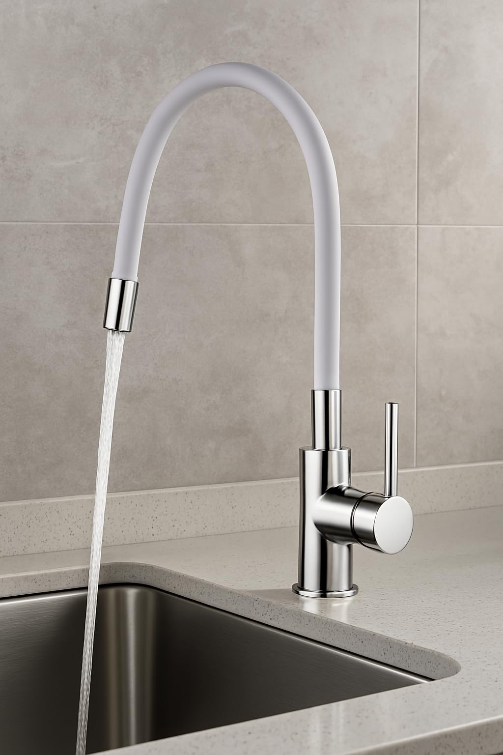 AQG - Grifo de Cocina Monomando con Caño Alto Flexible y Aireador Dual – Estilo Moderno, Fácil Instalación (Blanco)
