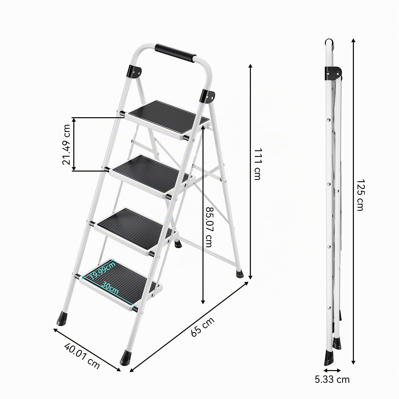 KINGRACK Escalera Plegable 4 Peldaños, Escalera de Tijera con Pedales Antideslizantes Anchos, Barandilla, Escalón Taburete de Acero Portátil Uso Hogar Cocina Oficina, Carga hasta 150 kg, Blanco