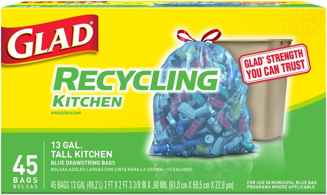 Glad Recycling Tall Drawstring Kitchen Blue Trash Bags - 13 Gallon - 45 Count (Pack of 4) (Packaging May Vary)