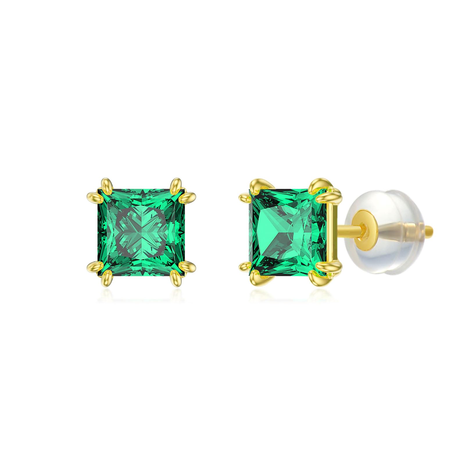 NFYBD 14k Real Gold Princess-Cut Gemstone Birthstone Stud Earrings for Women 6mm 2 5Carat Square Created Birthstone Earrings