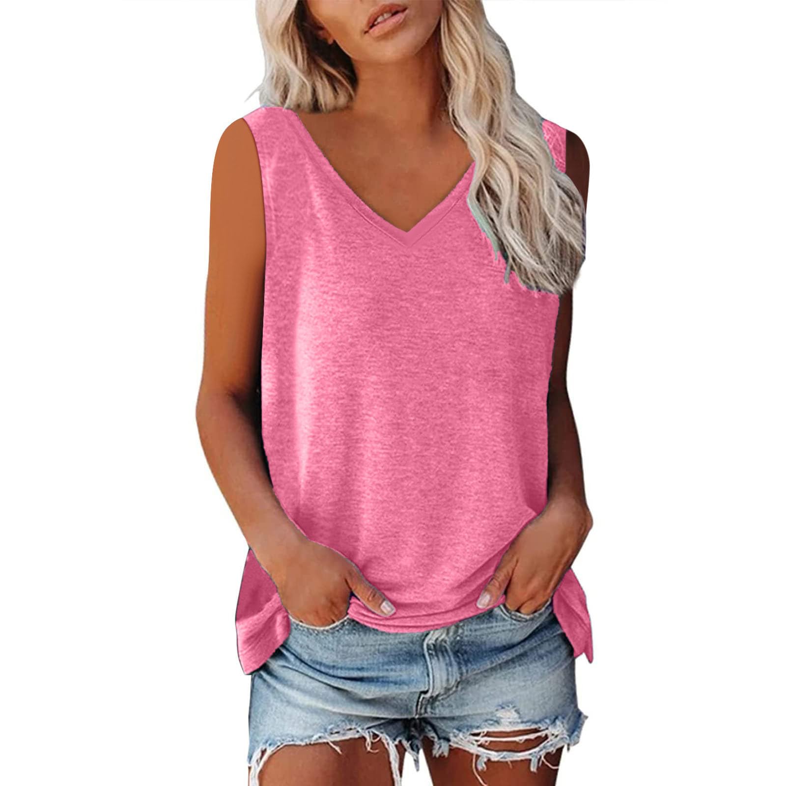 NUSGEAR Camisetas sin Manga Mujer 2024 Verano Moda Color sólido Camisola Elegant Camisola Casual Camisetas de Tirantes Cuello en V Fiesta Playa Chaleco Tank Tops Suelto Basic tee Camisa