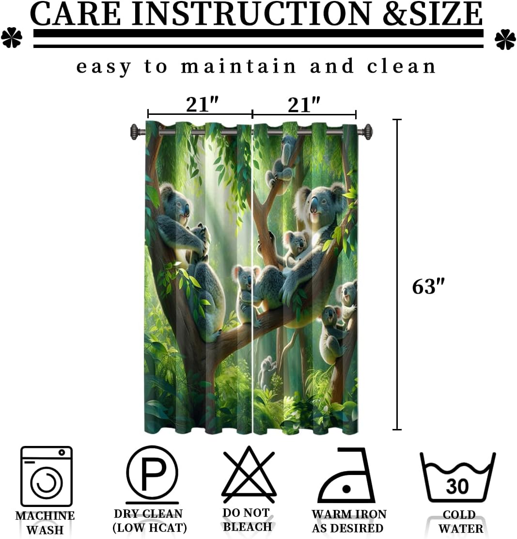 Realistic Forest Animals Koala Blackout Curtains for Living Room,Funny Cartoon Tropical Jungle Palm Trees Koalas Grommet Light Reducing Window Treatment-21W x 63L 2 Panels