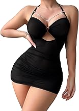 Sexy Chain Sheer Mesh Ruched Bodycon Mini Lingerie Dress with Thong 2 Piece Set Outfits