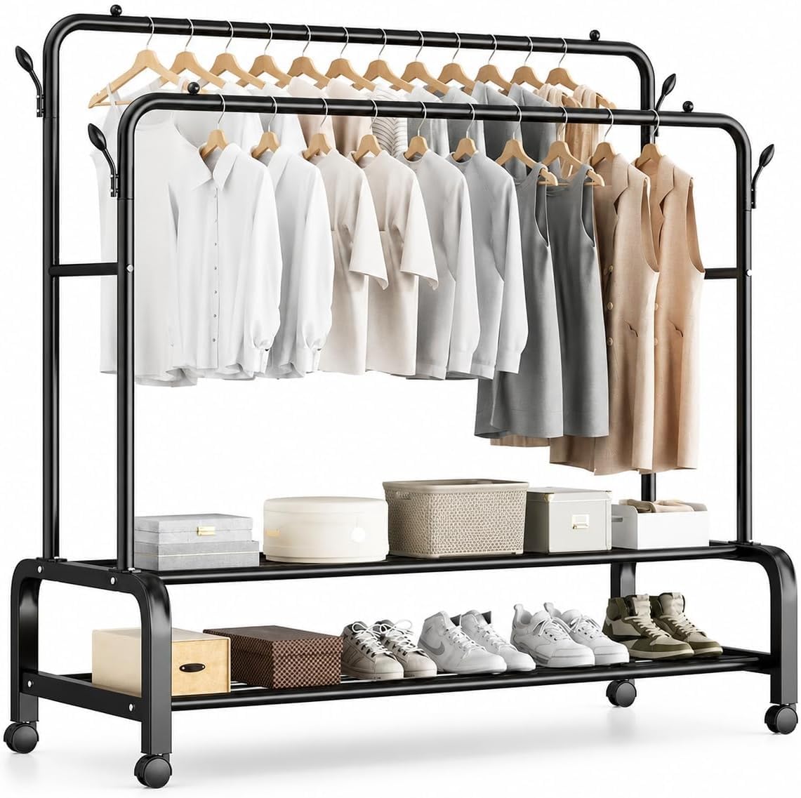 Appendiabiti Indipendente con Ripiani, Struttura in Metallo Nero, 150cm Altezza x 110cm Larghezza x 49cm Profondità, Capacità 780lb, Organizer per Vestiti Scarpe e Accessori