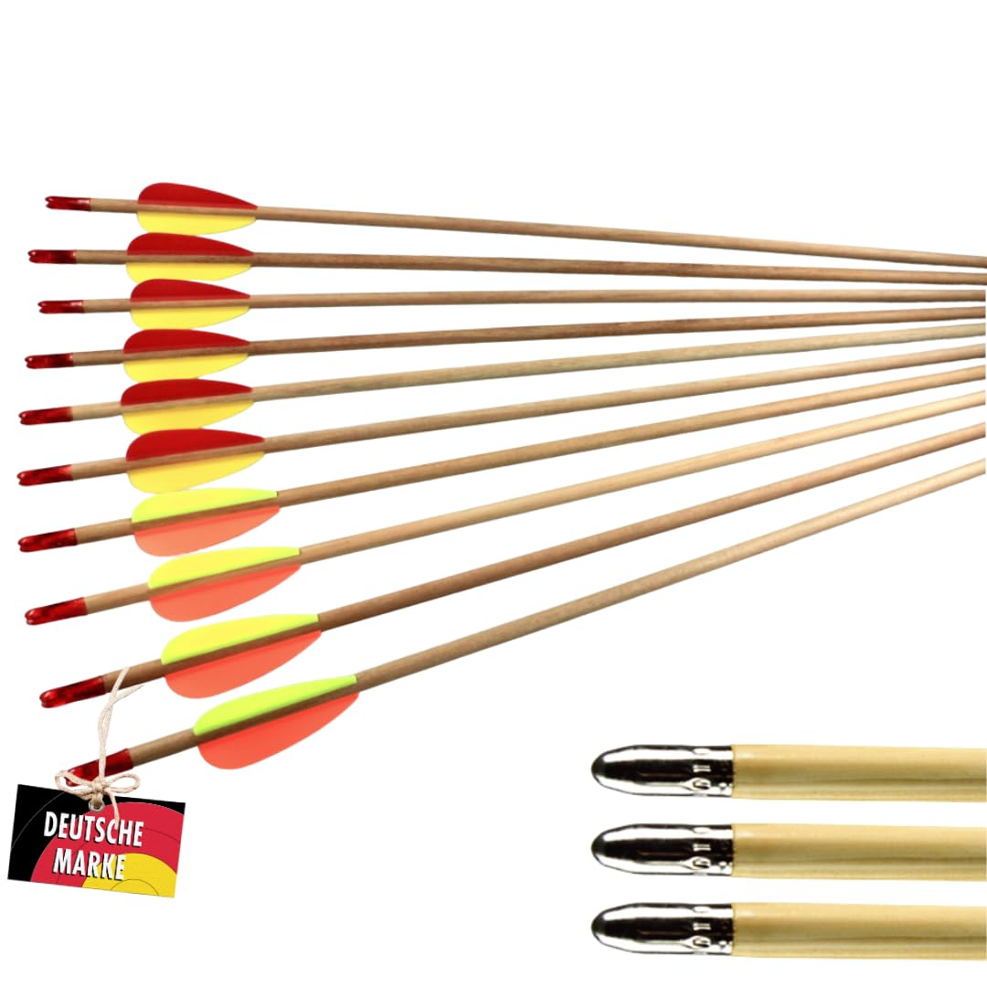 10x Old Wood Traditionelle Holzpfeile Set, 5/16 Zoll Schaft, 26 Zoll Längen, 2,6 Zoll Kunststoffbefiederung, Kunststoffnocken, abgerundete Blechspitzen, für Recurve und Compound bis 30 lbs