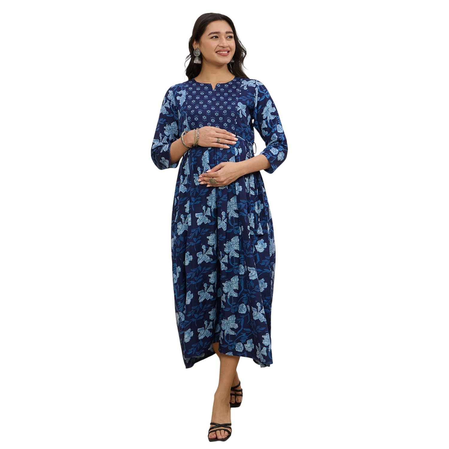 Cotton Maternity Feeding Kurti Dress for Women | Pregnancy Royal Blue Dress with Concealed Zippers for Nursing | Soft Breathable Fabric | Comfortable Calf-Length Outfit for Office-image-43