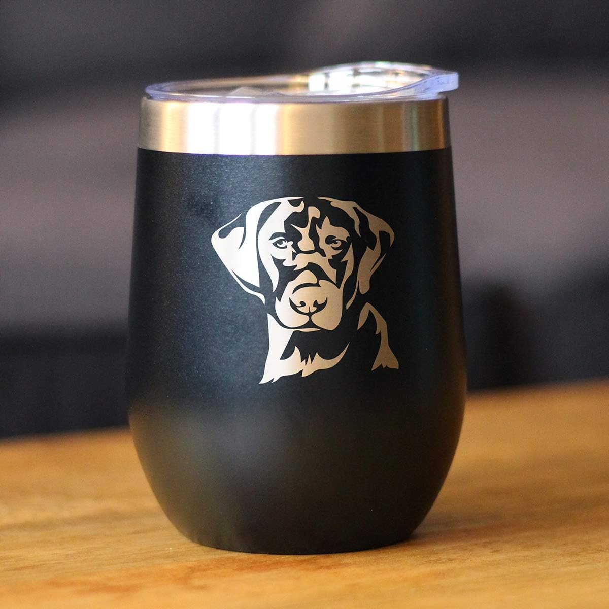 Black Lab Face Wine Tumbler with Sliding Lid - Stemless Stainless Steel Insulated Cup - Labrador Retriever Outdoor Camping Mug - Black