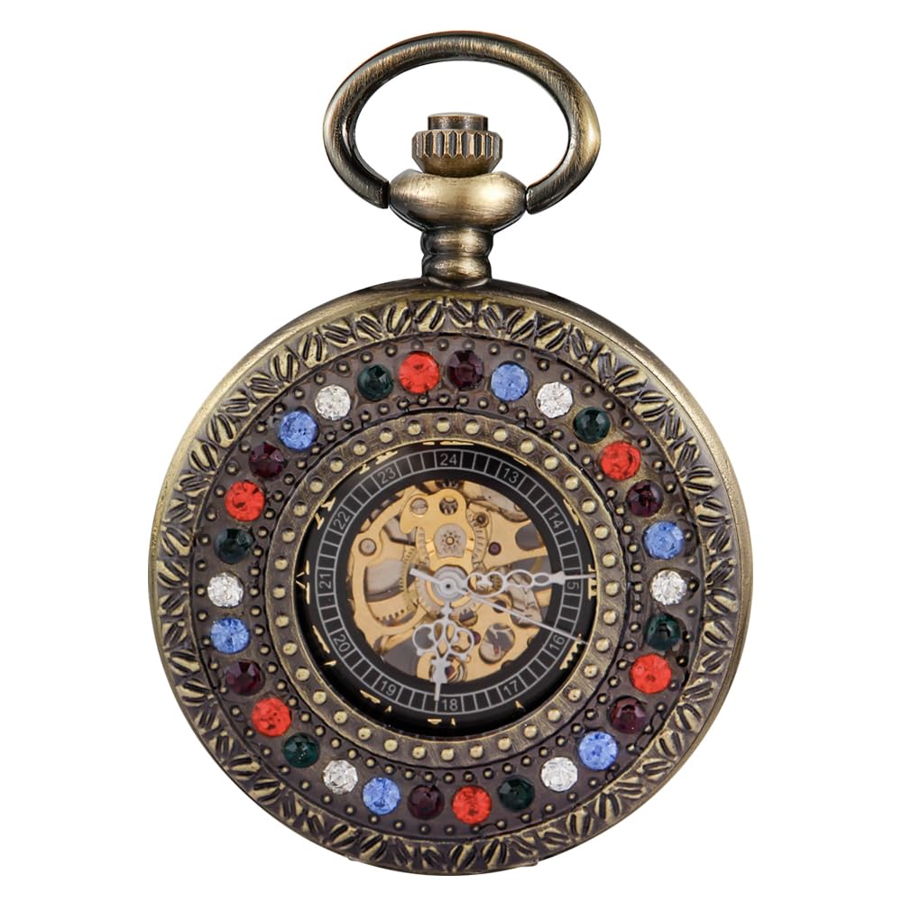 Half Hunter Hand Wind Up Mechanical Pocket Watch Vintage Roman Numerals Skeleton Watches with Chain&amp;Box