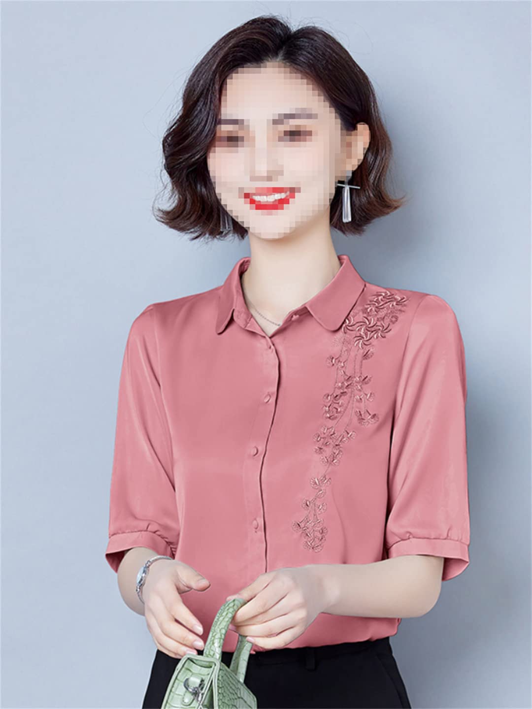Femmes Broderie Bouton Up Chemise À Manches Courtes Chemises en Satin Floral Col en V Chemisier d'affaires pour Le Bureau De Travail