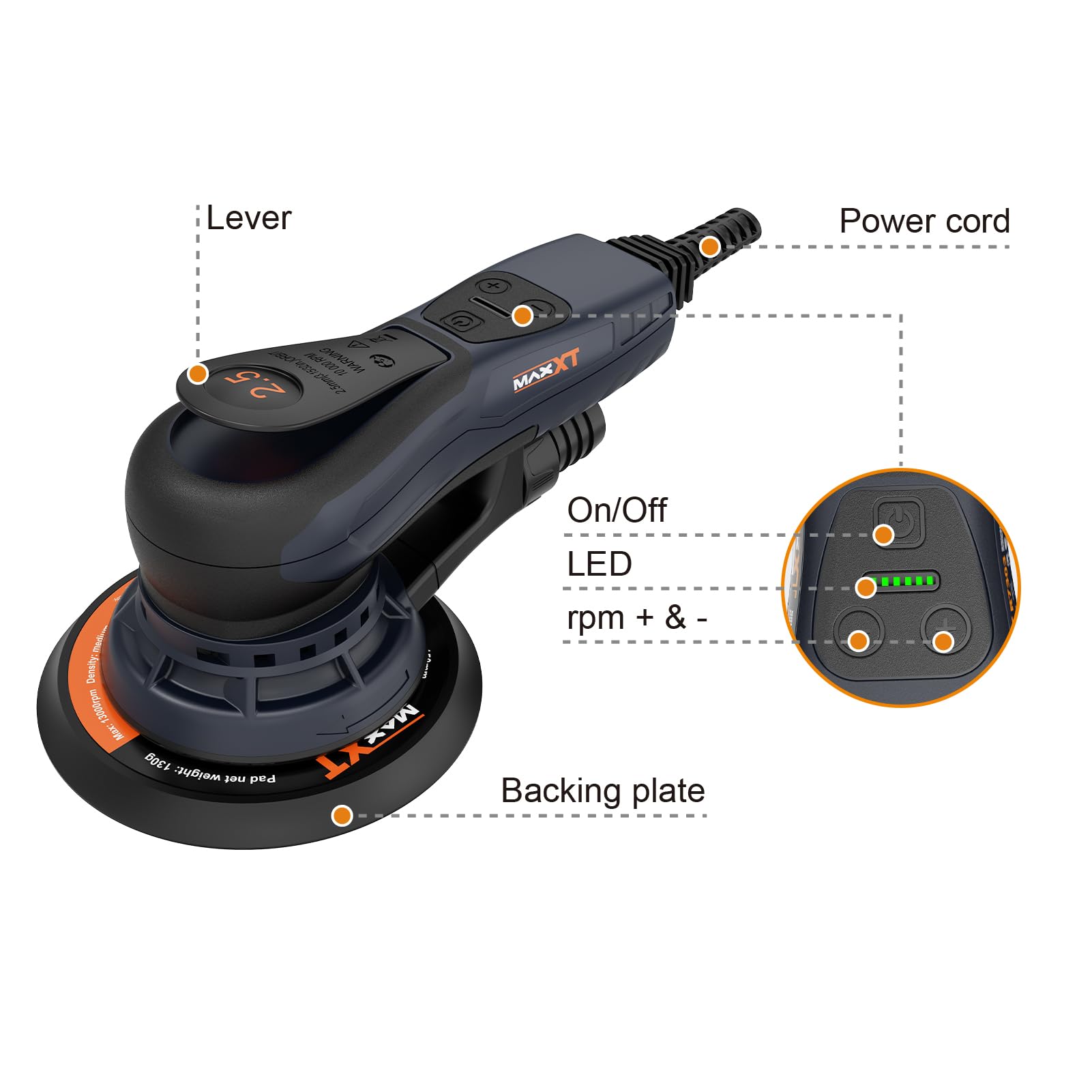 MAXXT Ponceuse excentrique, 150 mm (6 pouces), moteur sans balais, 230 V, course excentrique 2,5 mm, appareil de ponçage et polissage pour bois