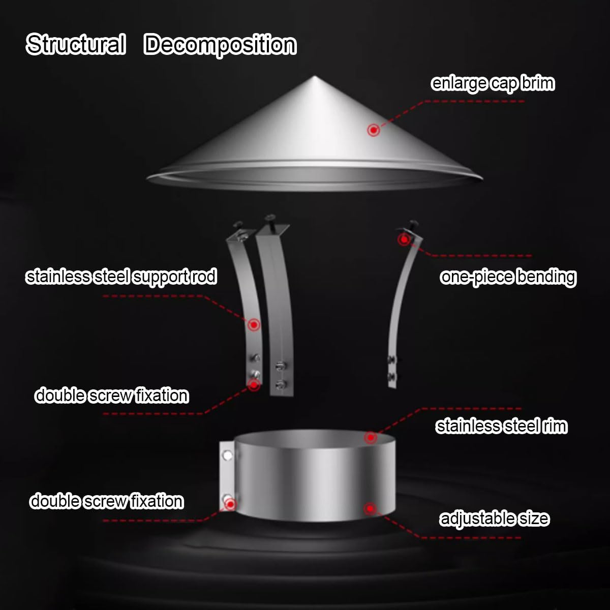 3.1/3.9/5.9/7.9/9.8in Acciaio Inox Cappello per Camino Bolt-On Copertura per Camino Adjustable Fascetta Universal Cappuccio da Tetto per sfiati Cono Top Cappello per Camino(200mm/7.9")