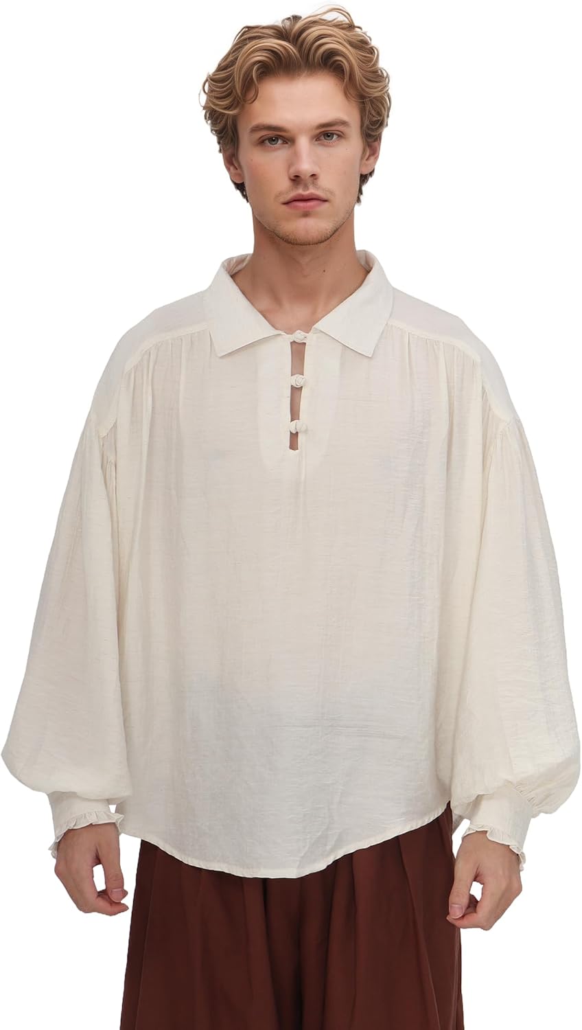 PROCOS Mens Medieval Renaissance Shirt V-Neck with Knot Button Long Sleeves Pirate Viking Costume