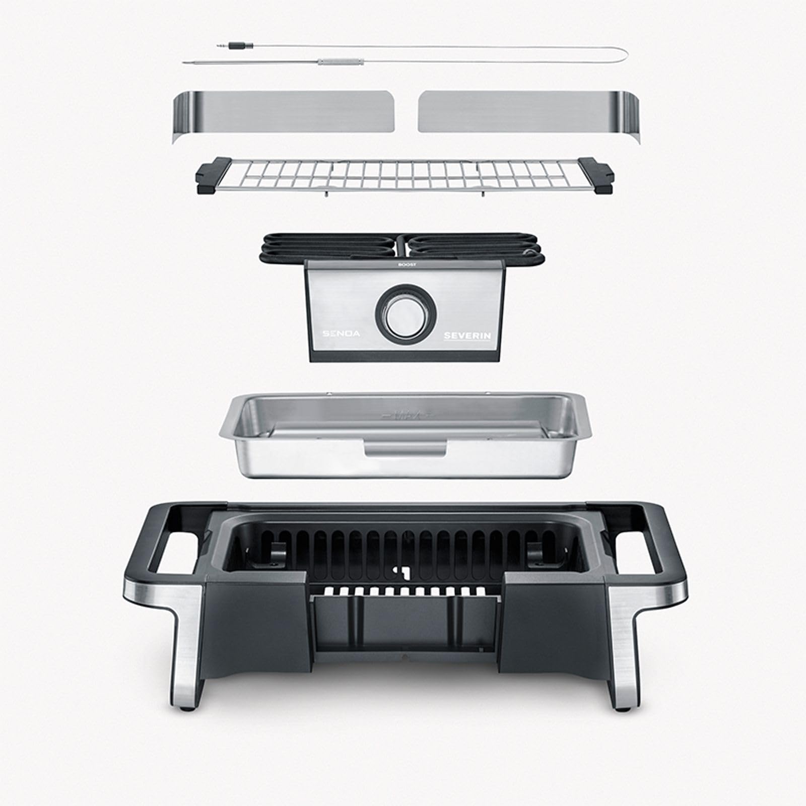 SEVERIN Barbecue électrique SENOA DigitalBOOST S, Gril électrique 3 000 W, Barbecue électrique sur pieds avec démarrage rapide jusqu’à 500°C, Affichage OLED, Sonde thermique, Inox/Noir, PG 8118