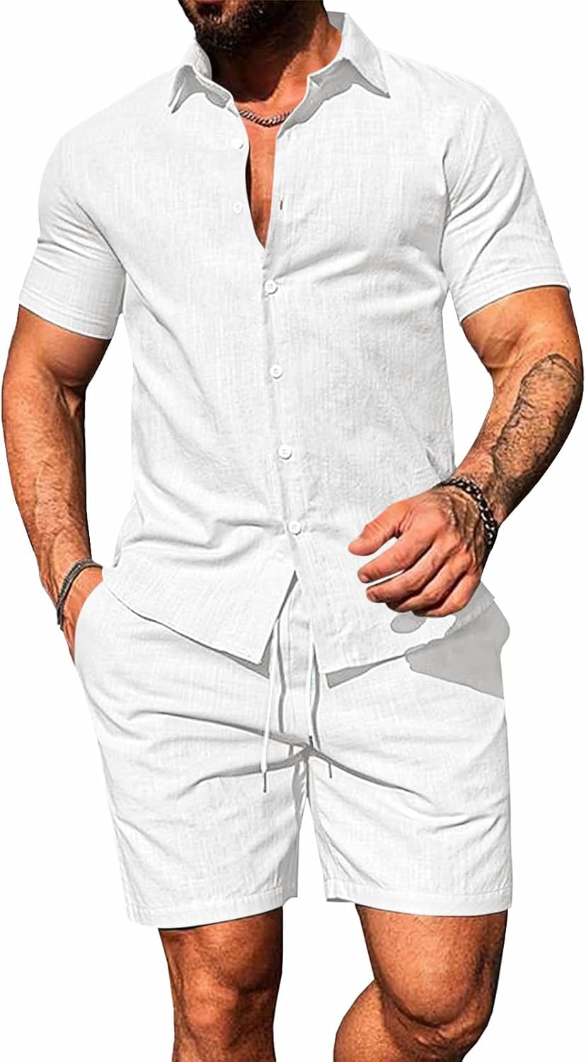 Runcati Mens Summer Beach Outfits 2 Piece Short Sleeve Sets Button Down Linen Cotton Shirts and Shorts Casual Vacation Set