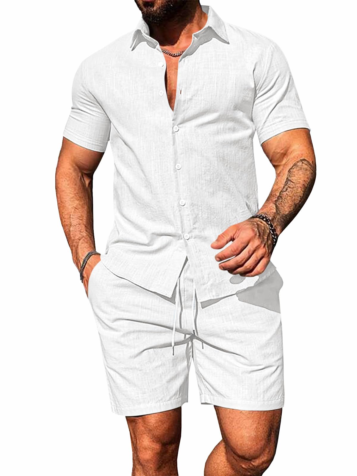 Mens Summer Beach Outfits 2 Piece Short Sleeve Sets Button Down Linen Cotton Shirts and Shorts Casual Vacation Set