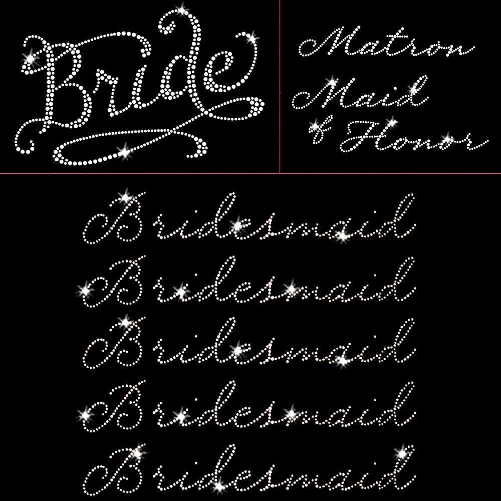 Romantic Wedding Pack 7 Pc Bride Bridesmaid Maid Matron of Honor Iron on Rhinestone Crystal T-Shirt Transfers by JCS Rhinestones