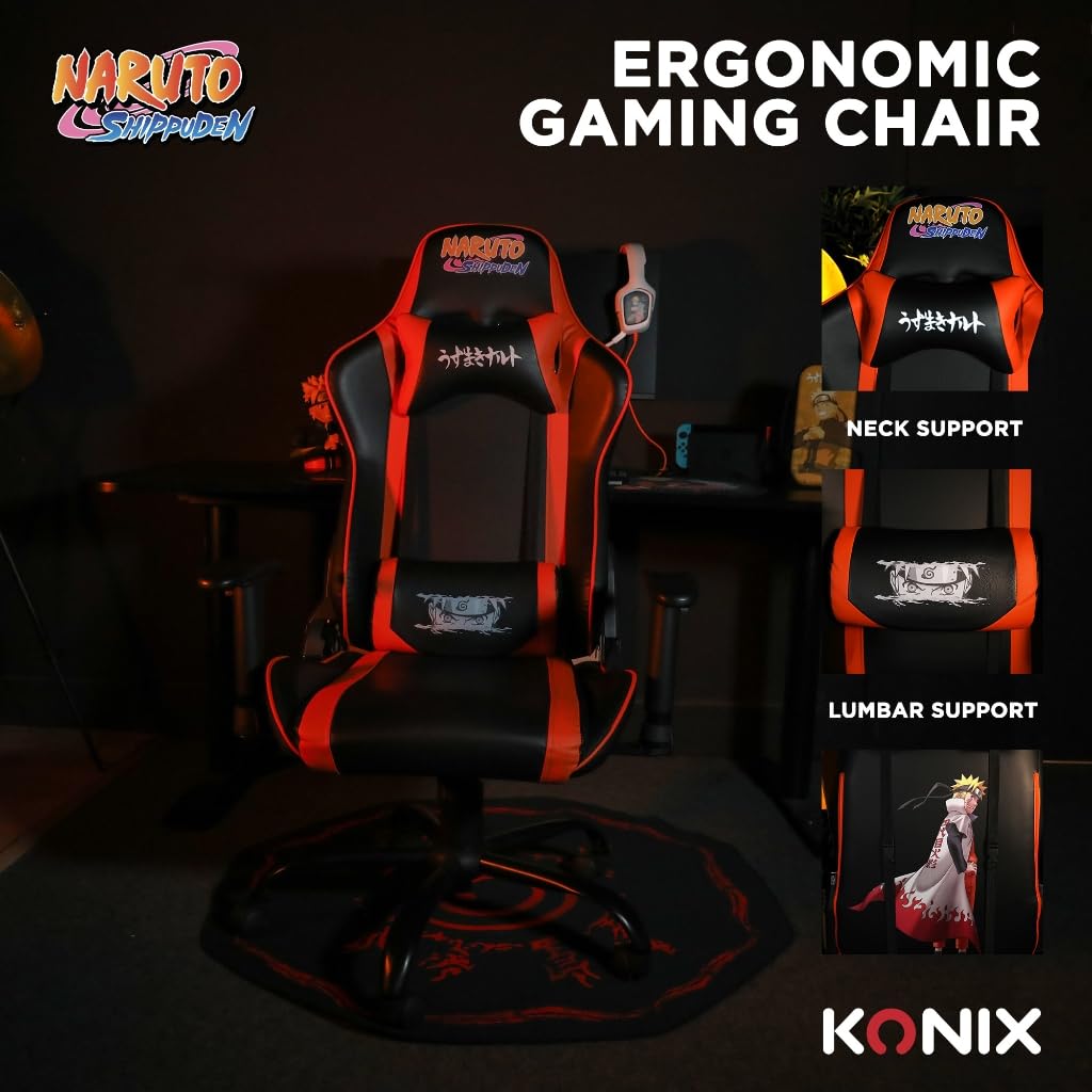 Konix Naruto Shippuden Sedia gaming premium - Inclinazione del sedile fino a 150° - Pelle PU liscia - Design Naruto Hokage - Nero e arancione