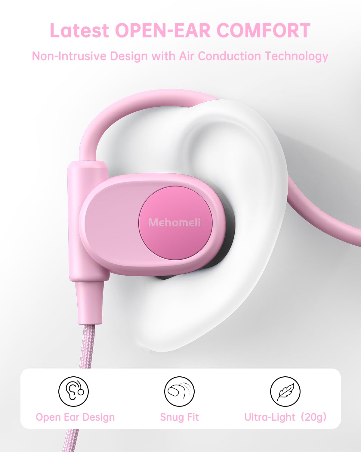 Mehomeli Auriculares para niños, conducción de Aire con Cable, Auriculares Abiertos, limitación de Volumen de 85 dB, Color Rosa