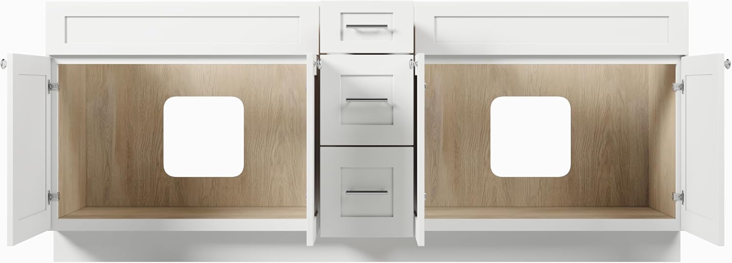 DSR 84 Inch Double Bathroom Vanity Base Only Cabinet Without Top White Shaker Style Drawers Solid Wood Plywood MDF 84"x22"x34.5"