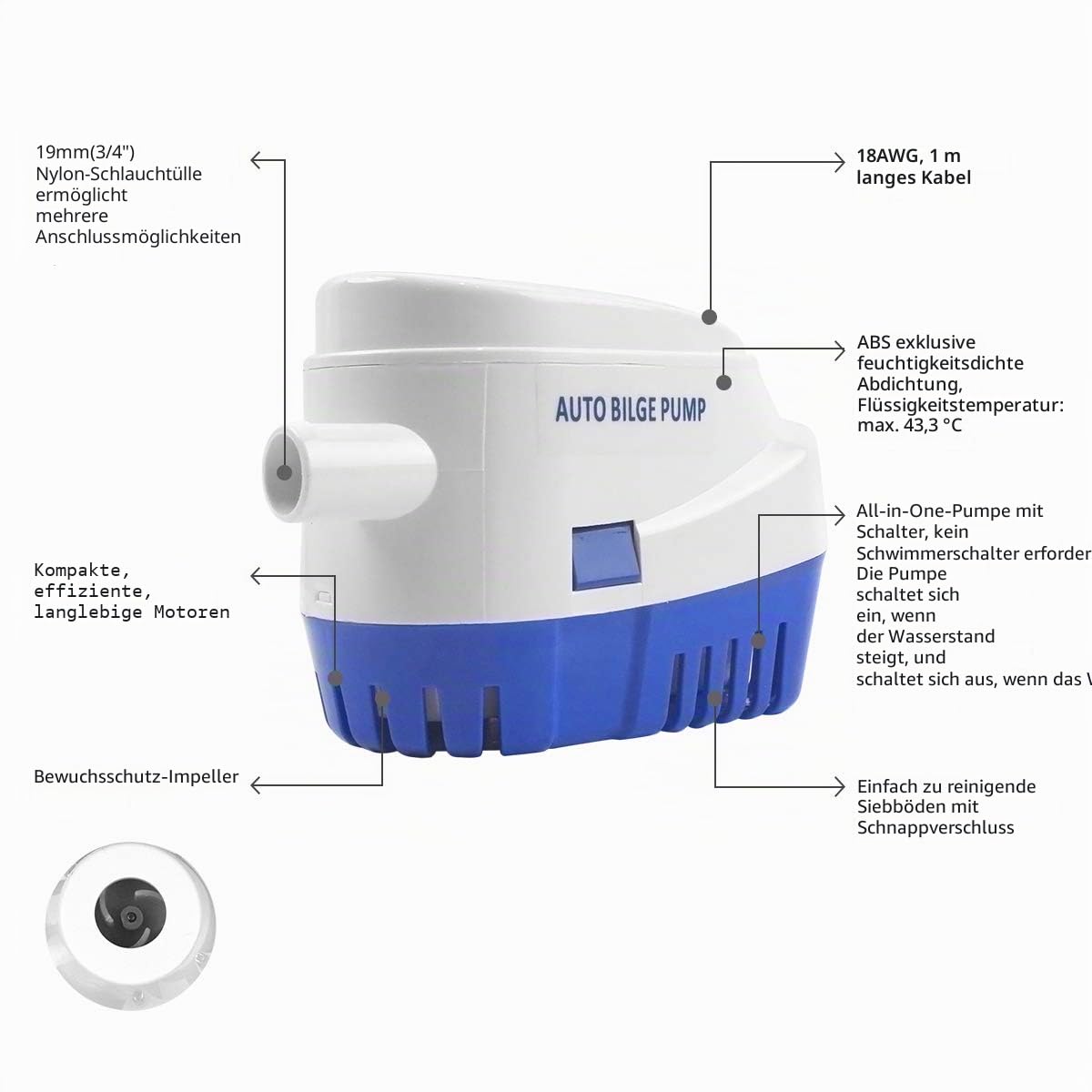 BACOENG Automatische Bilgenpumpe 12 V, 47 LPM/ 750 GPH mit Schwimmschalter