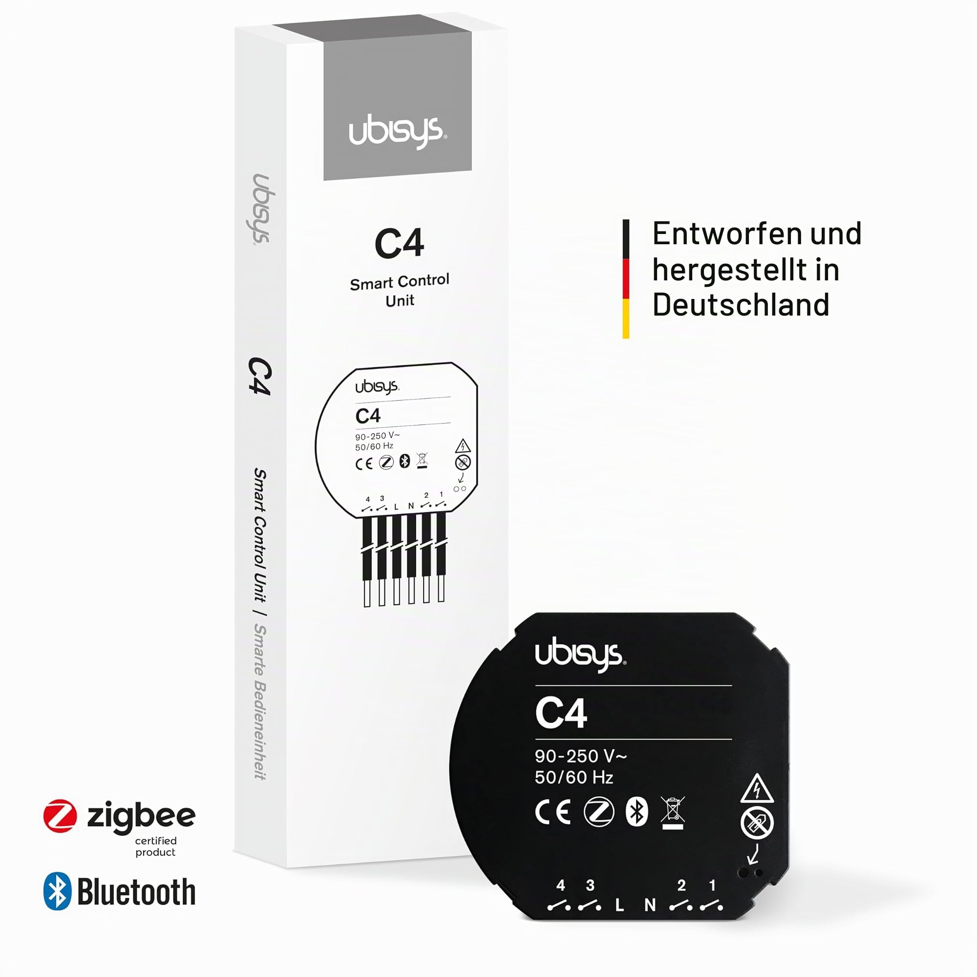 Bedieneinheit C4 (Series 2): Zigbee + Bluetooth | Zigbee Direct Device | Ohne Gateway konfigurierbar | Verknüpfbar mit anderen ubisys Komponenten, um z. B. Leuchten und Jalousien zu steuern.