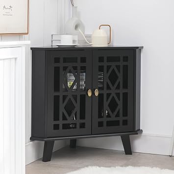 Scurrty Small Corner Table, 32 Corner Cabinet with 2 Doors and Shelves, Free-Standing Shelf Stand Storage Organizer for Living Room, Dining Room & Bathroom Black