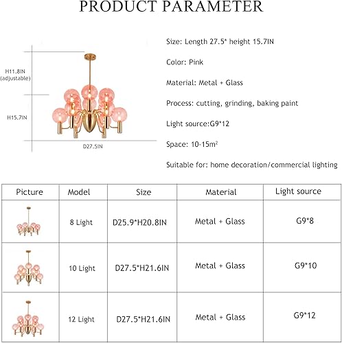 Miniatura 6 de DJAMEL Candelabro mini de cristal con 8 lámparas colgantes, pantalla de cristal rosa, para habitación de niñas, dormitorio, baño, estudio, pasillo