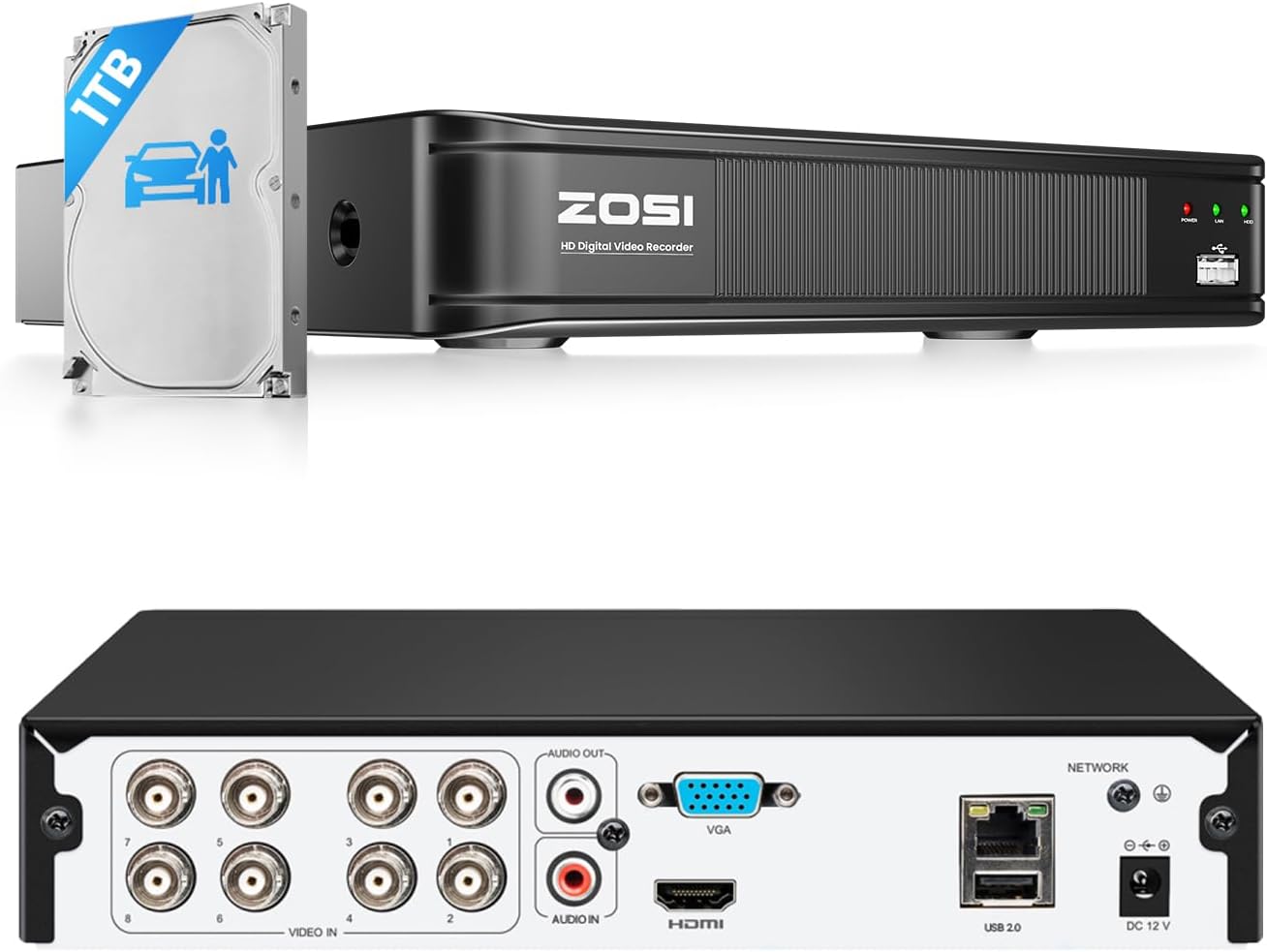 ZOSI H.265+ 5MP 3K Lite 8 Channel CCTV DVR Recorder, AI Human Vehicle Detection, Alert Push, Hybrid Capability 4-in-1(Analog/AHD/TVI/CVI) Full 1080p HD Surveillance DVR for Security Camera (1TB HDD)